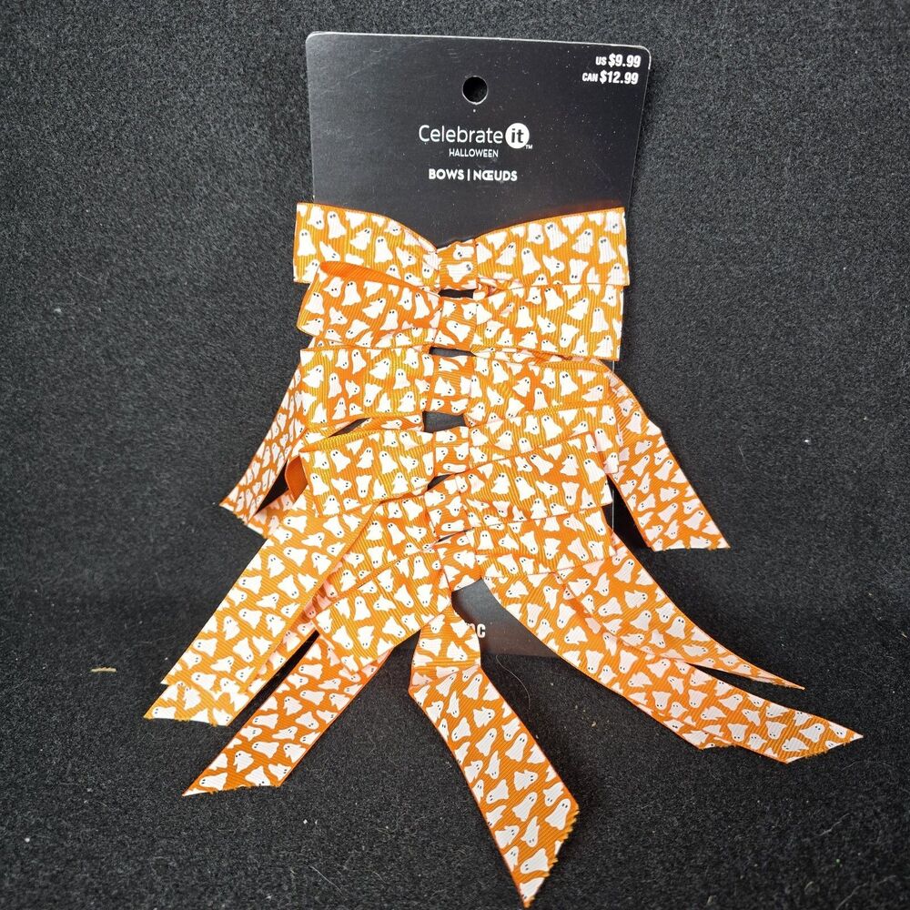 Celebrate It Halloween Orange Ghost Bows Ribbon Spooky Decor 6 Pc